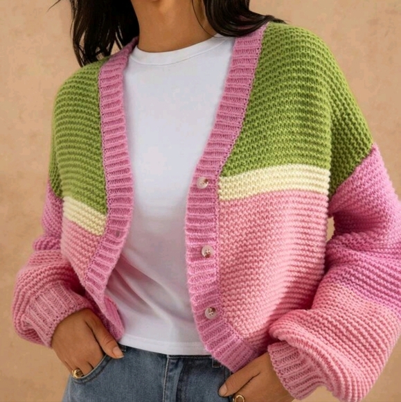 Winter Clothes For Women New V-Neck Colorful Striped Funny Long Sleeve Cardigan - Picture 5 of 5